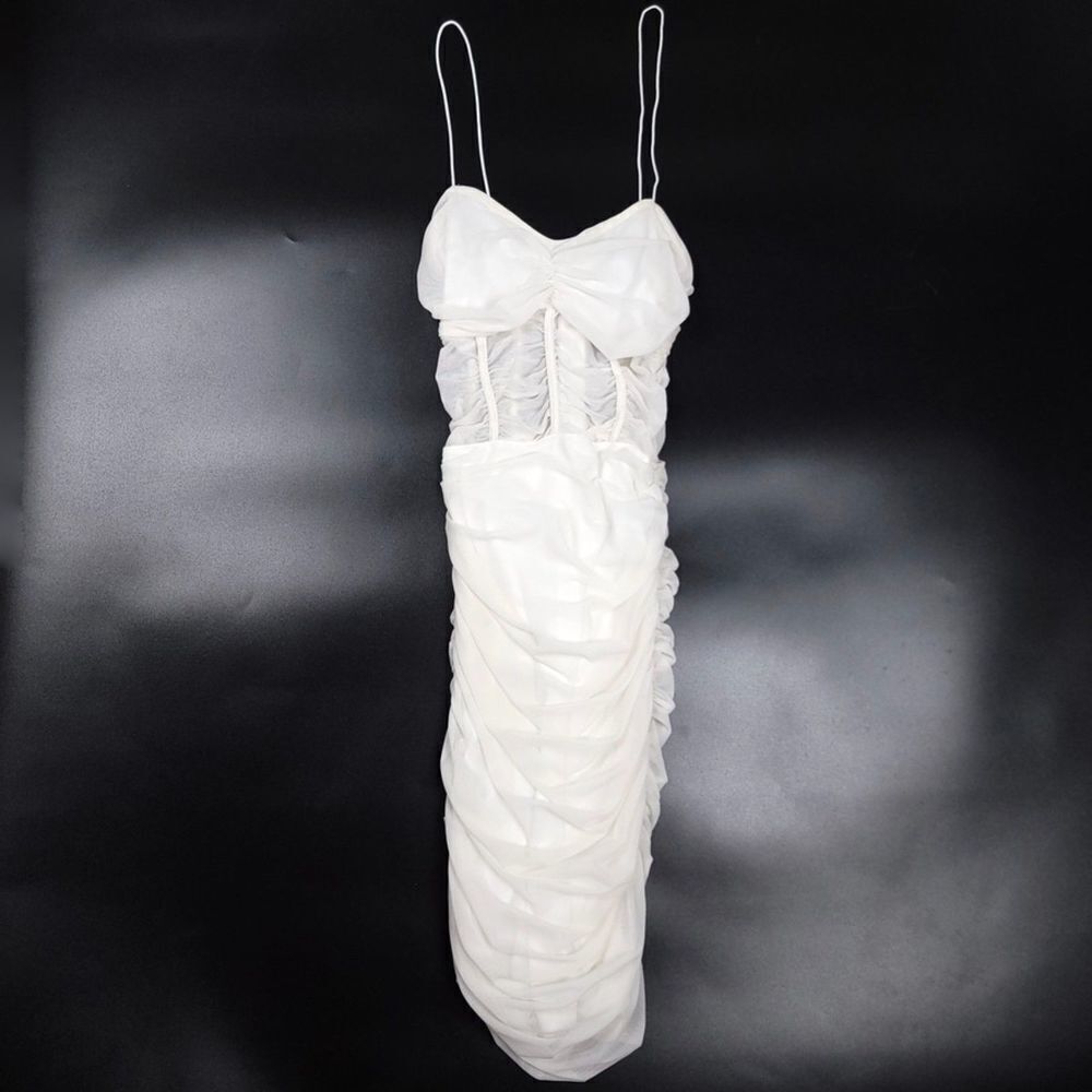 TIGER MIST White Mesh Sheer Ruched Corset Mini Dress Womens XS in Off White